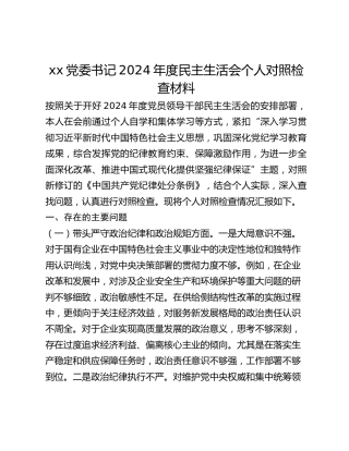 xx党委书记2024年度民主生活会个人对照检查材料