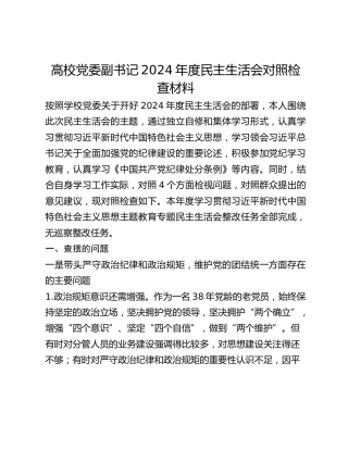 高校党委副书记2024年度民主生活会对照检查材料