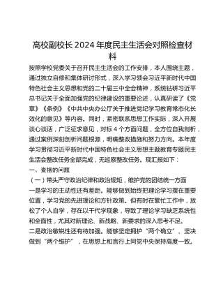 高校副校长2024年度民主生活会对照检查材料