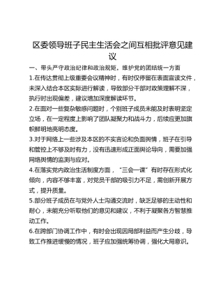 区委领导班子民主生活会之间互相批评意见建议