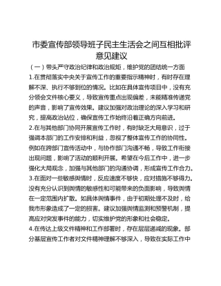 市委宣传部领导班子民主生活会之间互相批评意见建议