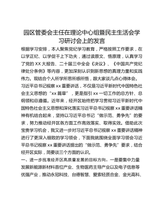 园区管委会主任在理论中心组暨民主生活会学习研讨会上的发言