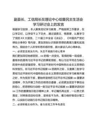 副县长、工信局长在理论中心组暨民主生活会学习研讨会上的发言