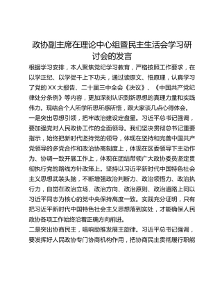 政协副主席在理论中心组暨民主生活会学习研讨会的发言