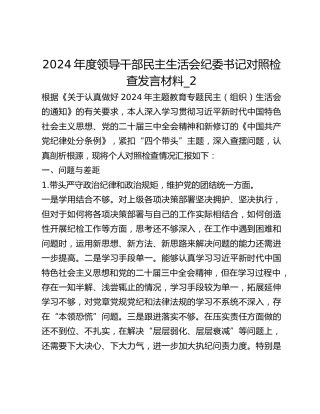 2024年度领导干部民主生活会纪委书记对照检查发言材料_2
