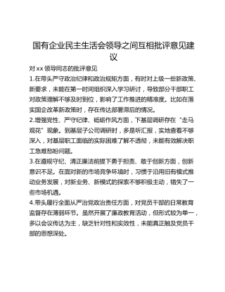 国有企业民主生活会领导之间互相批评意见建议