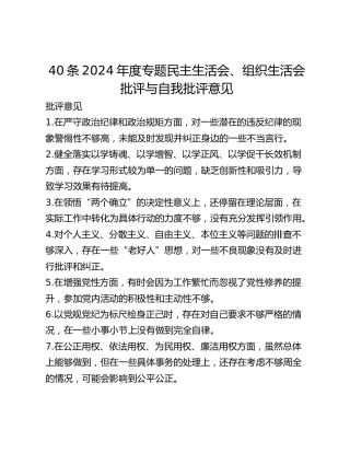 40条2024年度专题民主生活会、组织生活会批评与自我批评意见