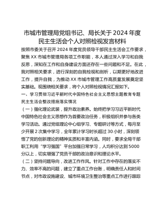 市城市管理局党组书记、局长关于2024年度民主生活会个人对照检视发言材料