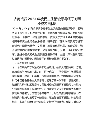 农商银行2024年度民主生活会领导班子对照检视发言材料