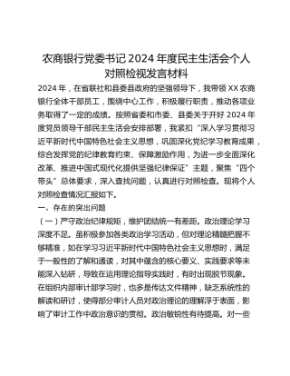 农商银行党委书记2024年度民主生活会个人对照检视发言材料