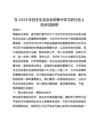 在2024年民主生活会会前集中学习研讨会上的讲话提纲
