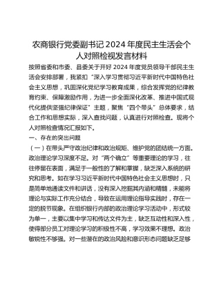 农商银行党委副书记2024年度民主生活会个人对照检视发言材料