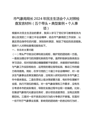 市气象局局长2024年民主生活会个人对照检查发言材料（五个带头典型案例个人事项）