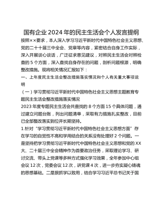 国有企业2024年的民主生活会个人发言提纲