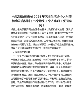 分管财政副市长2024年民主生活会个人对照检查发言材料（五个带头个人事项反面案例）