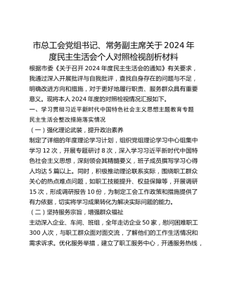 市总工会党组书记、常务副主席关于2024年度民主生活会个人对照检视剖析材料