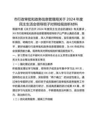 市行政审批和政务信息管理局关于2024年度民主生活会领导班子对照检视剖析材料