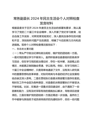 常务副县长2024年民主生活会个人对照检查发言材料