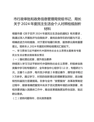 市行政审批和政务信息管理局党组书记、局长关于2024年度民主生活会个人对照检视剖析材料
