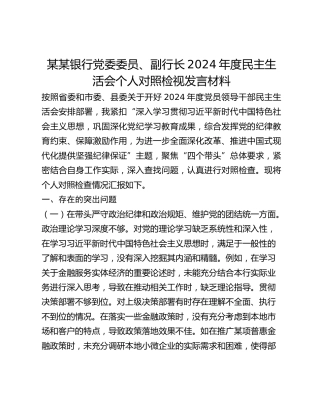某某银行党委委员、副行长2024年度民主生活会个人对照检视发言材料