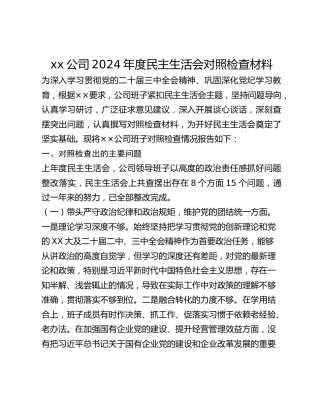 xx公司2024年度民主生活会对照检查材料