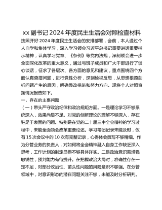 xx副书记2024年度民主生活会对照检查材料