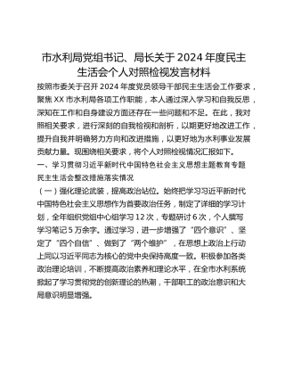 市水利局党组书记、局长关于2024年度民主生活会个人对照检视发言材料
