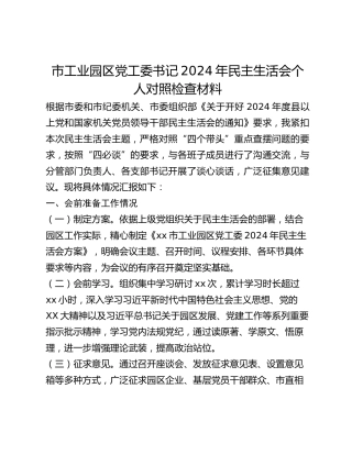 市工业园区党工委书记2024年民主生活会个人对照检查材料