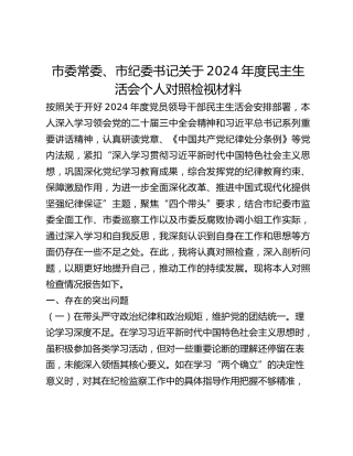 市委常委、市纪委书记关于2024年度民主生活会个人对照检视材料