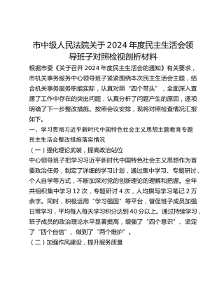 市中级人民法院关于2024年度民主生活会领导班子对照检视剖析材料 (2)