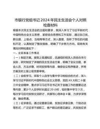 市银行党组书记2024年民主生活会个人对照检查材料