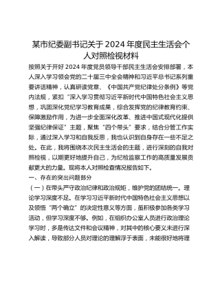 某市纪委副书记关于2024年度民主生活会个人对照检视材料