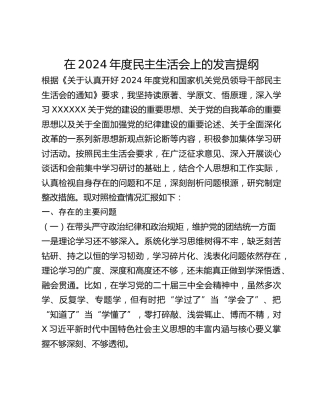 在2024年度民主生活会上的发言提纲