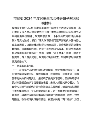 市纪委2024年度民主生活会领导班子对照检视材料