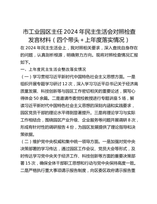 市工业园区主任2024年民主生活会对照检查发言材料（四个带头上年度落实情况）