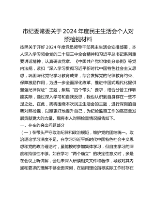 市纪委常委关于2024年度民主生活会个人对照检视材料