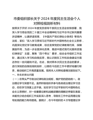 市委组织部长关于2024年度民主生活会个人对照检视剖析材料