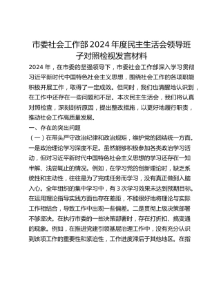 市委社会工作部2024年度民主生活会领导班子对照检视发言材料