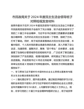 市民政局关于2024年度民主生活会领导班子对照检视发言材料