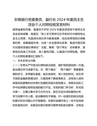 农商银行党委委员、副行长2024年度民主生活会个人对照检视发言材料