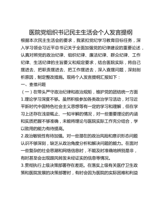 医院党组织书记2024年民主生活会个人发言提纲、查摆问题