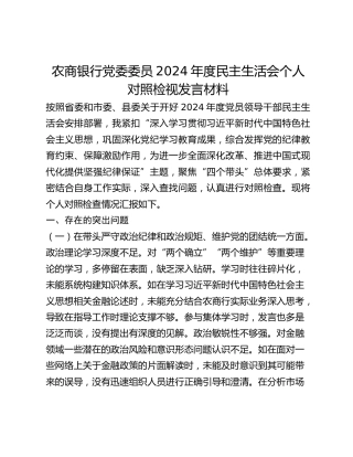 农商银行党委委员2024年度民主生活会个人对照检视发言材料