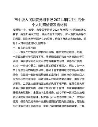 市中级人民法院党组书记2024年民主生活会个人对照检查发言材料