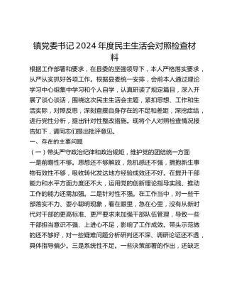 镇党委书记2024年度民主生活会对照检查材料