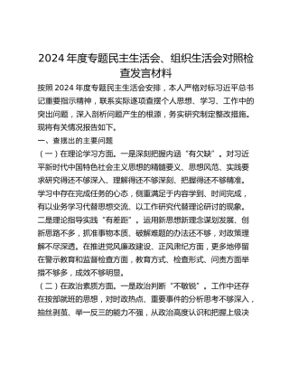 年度专题民主生活会、组织生活会对照检查发言材料