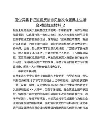 国企党委书记巡视反馈意见整改专题民主生活会对照检查材料_2