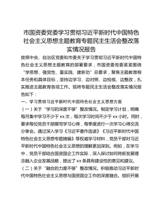 市国资委党委学习贯彻习近平新时代中国特色社会主义思想主题教育专题民主生活会整改落实情况报告