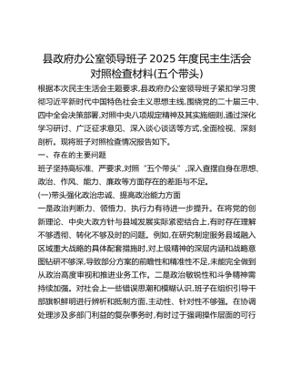 XX县县政府办公室领导班子2025年度民主生活会对照检查材料（五个带头）