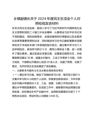 乡镇副镇长关于2024年度民主生活会个人对照检视发言材料