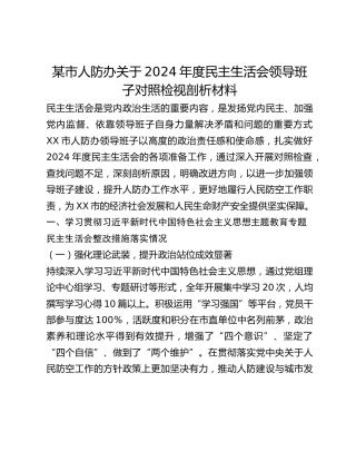 某市人防办关于2024年度民主生活会领导班子对照检视剖析材料